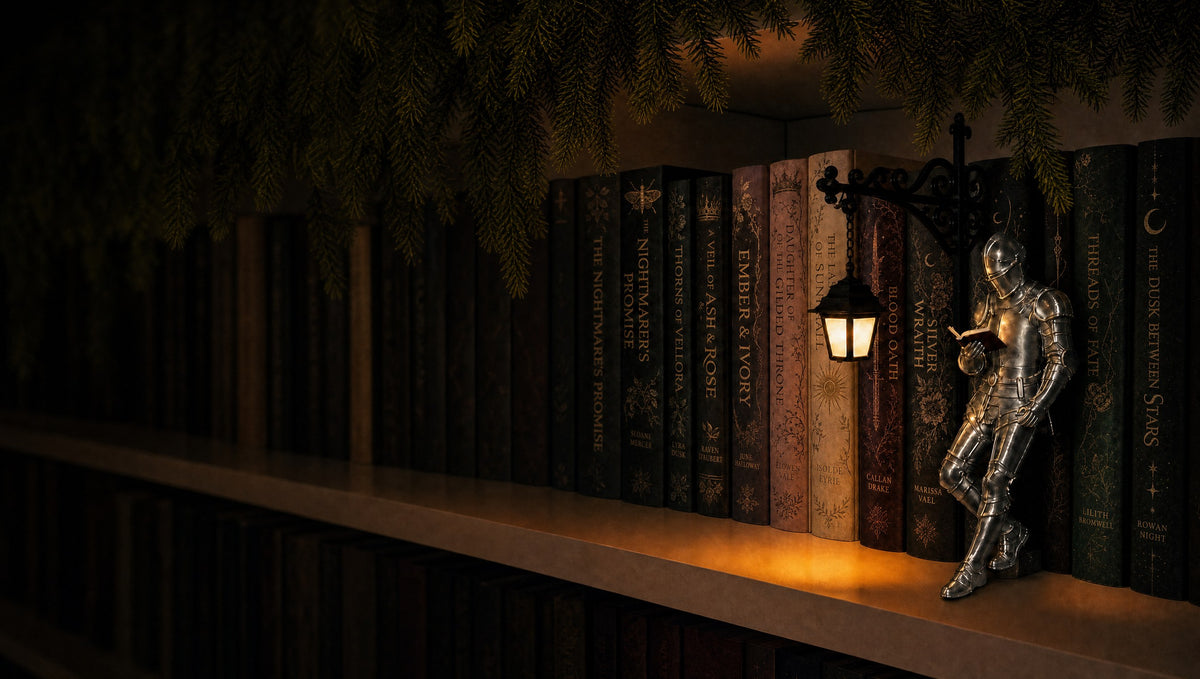 A silver knight figurine guarding a dark bookshelf by lantern light