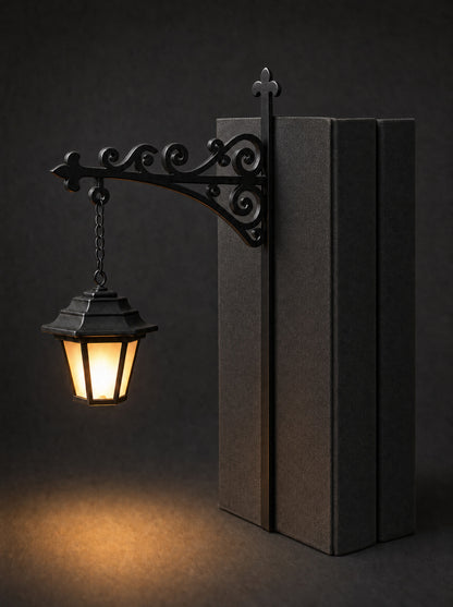 The Library Lantern, a hanging bookshelf lantern on a scrolled bracket
