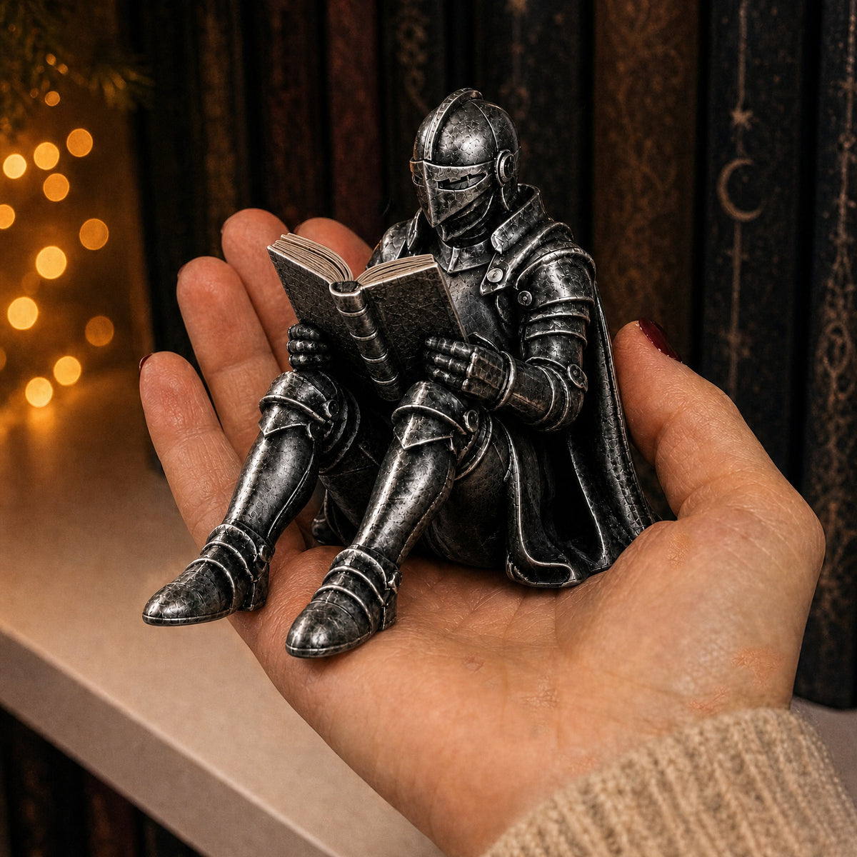 The Scholar Knight held in a hand in front of a bookshelf